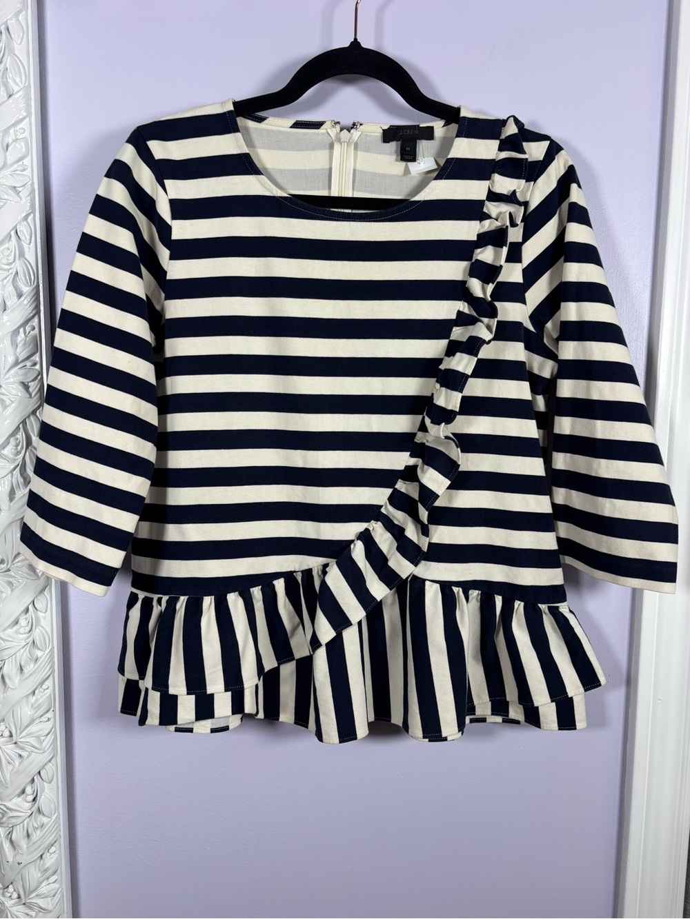 J. Crew Striped Ruffle Fairycore Peplum Top in Navy and Cream M